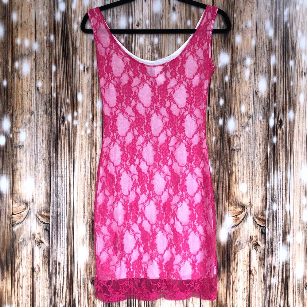 Discovery Objex Hot Pink Lace Overlay Tank Dress - Picture 4 of 4